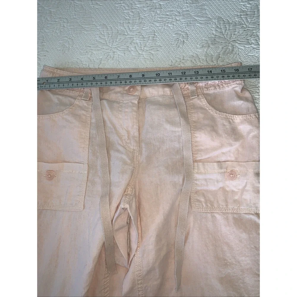 H&M Womens Linen Wide-Leg Pants Size 10 Lt Pink Pockets Cinched Tie Casual Beach